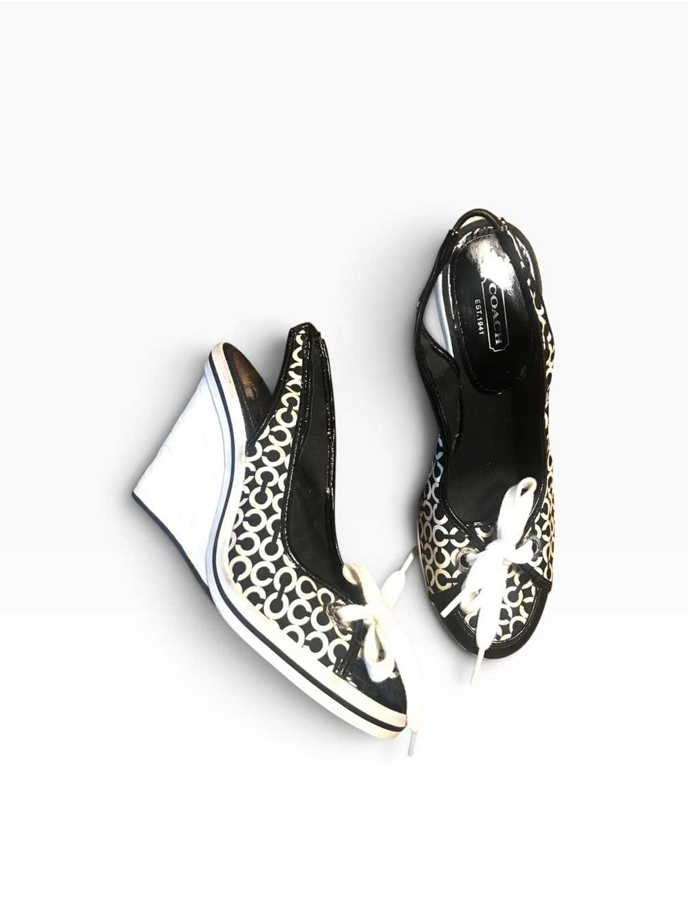 Coach Black & White Signature Lace-Up Wedge Sneakers